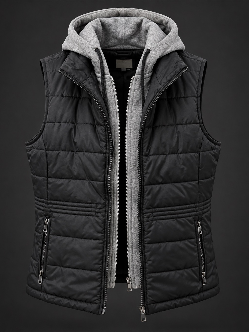 Women's Black Quilted Vest with Grey Hoodie Insert